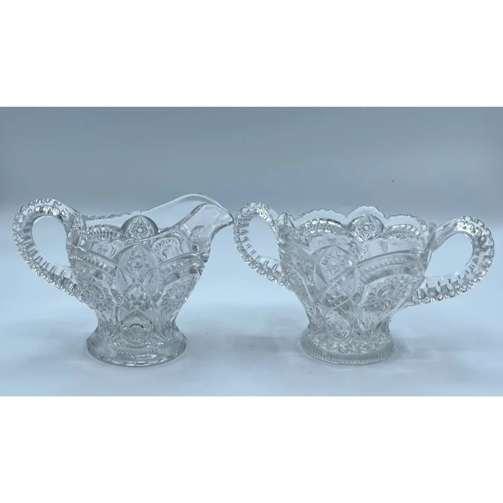 Glass Creamer and Open Sugar Bowl Clear Cut Glass Set